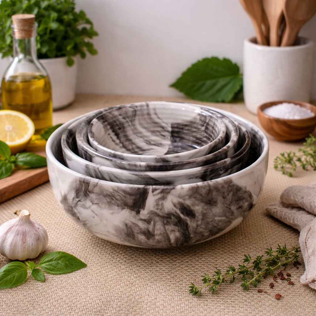 Kunhar Ceramic Mixing Bowl Set – 4 Pieces (1500ml, 800ml, 600ml, 400ml), Marble Color – Durable, Microwave & Dishwasher Safe – Ideal for Mixing, Serving & Storage